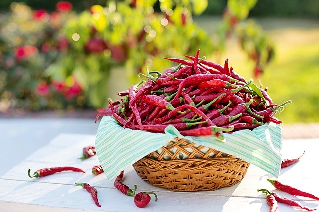 Červené chilli papričky v prútenom košíku na stole.jpg